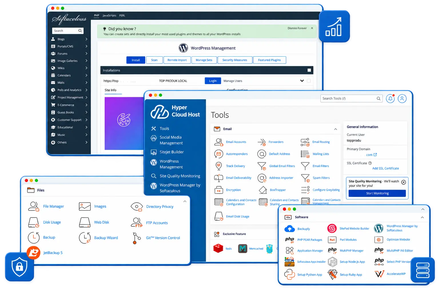 Tampilan pengelolaan WordPress, cPanel, dan tools hosting HyperCloudHost