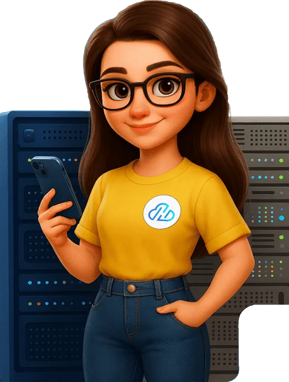Ilustrasi tim HyperCloudHost di depan server