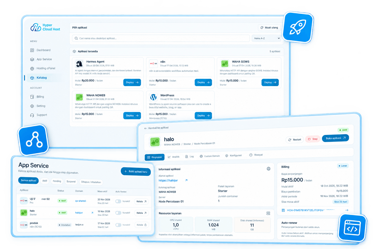 Dashboard App Service HyperCloudHost: katalog aplikasi, daftar layanan, dan pengelolaan aplikasi