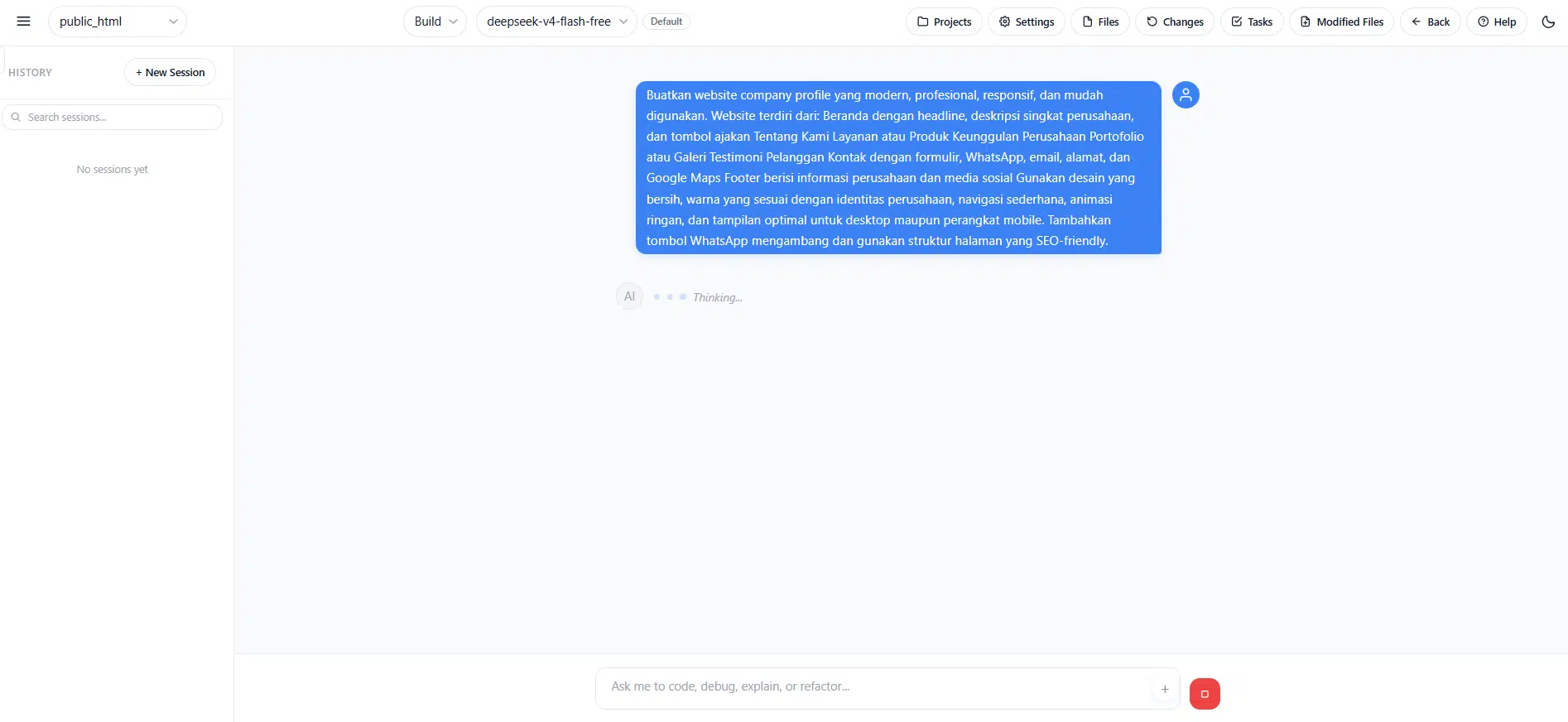 Tampilan asli Code with AI dari HyperCloudHost