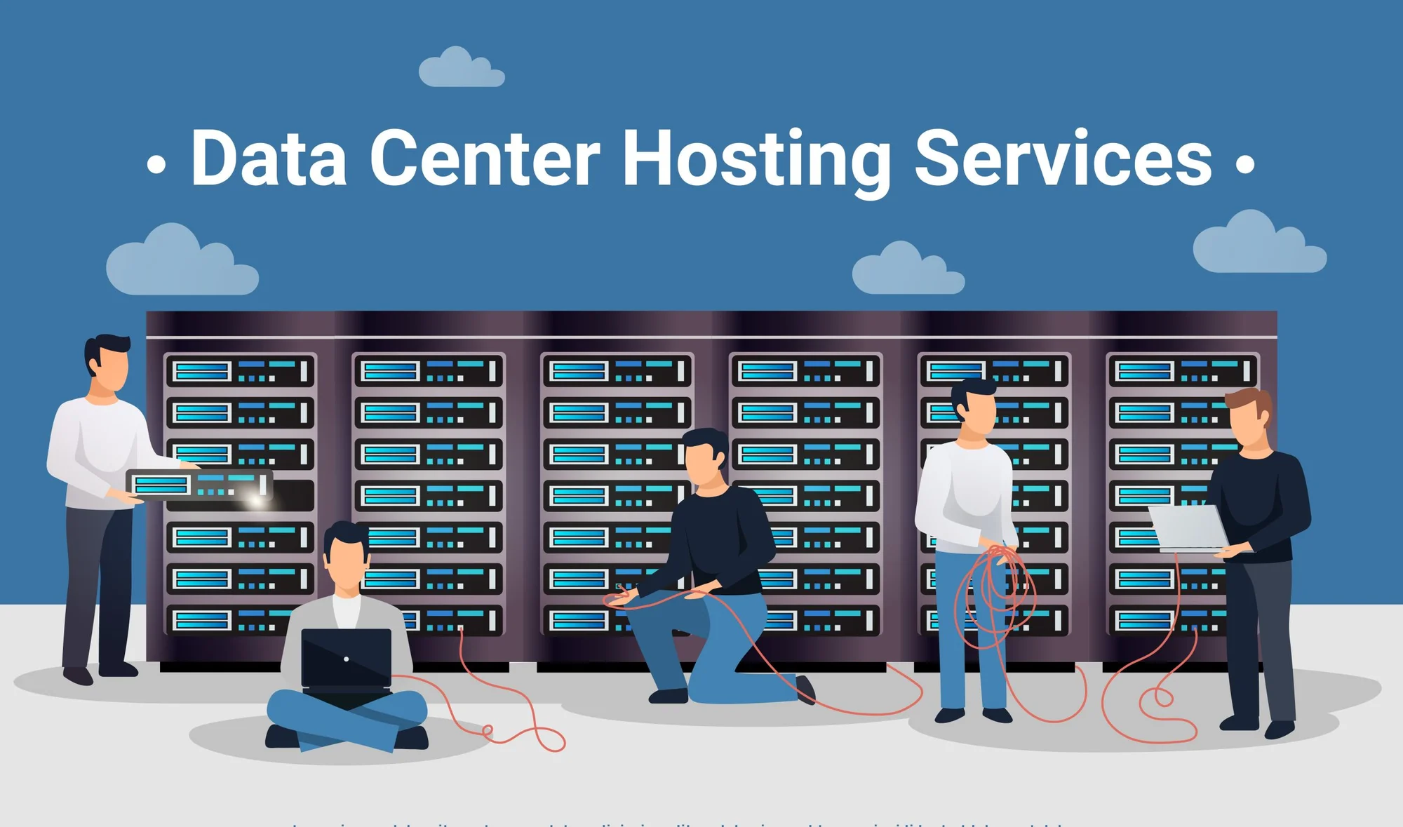 Group of data center hosting service network engineers flat vector illustration